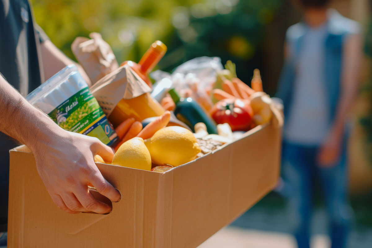 A person holding a cardboard box filled with fresh vegetables and groceries.